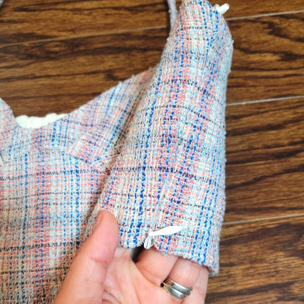 ZARA NEW Pink Blue Tweed 72% Cotton Cropped Heartshaped Neckline Spaghetti Strap - Picture 9 of 16